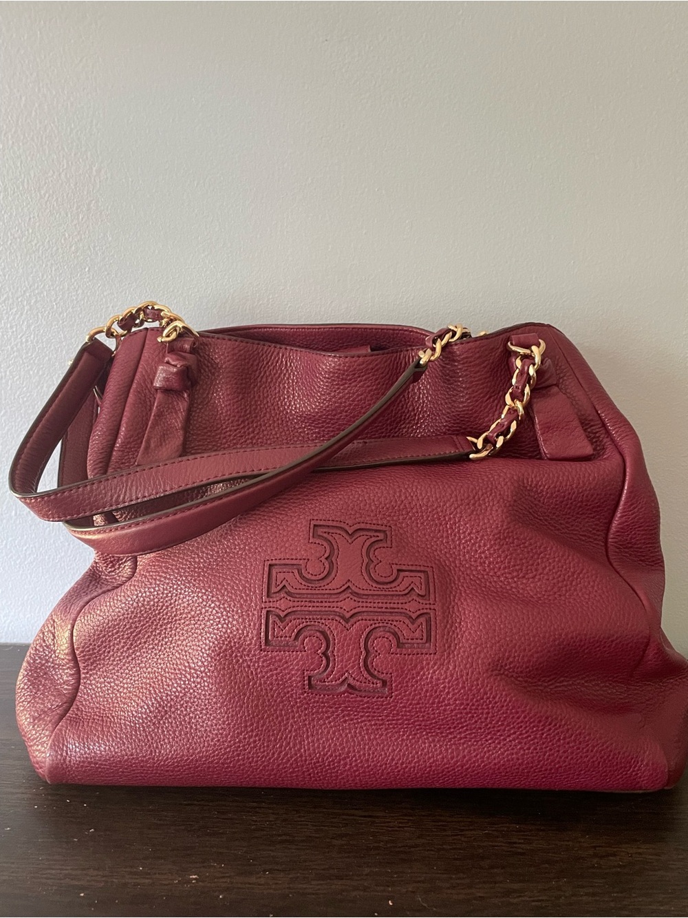 Tory Burch Wine Red Pebbled Leather Shoulder Bag with Gold Chain